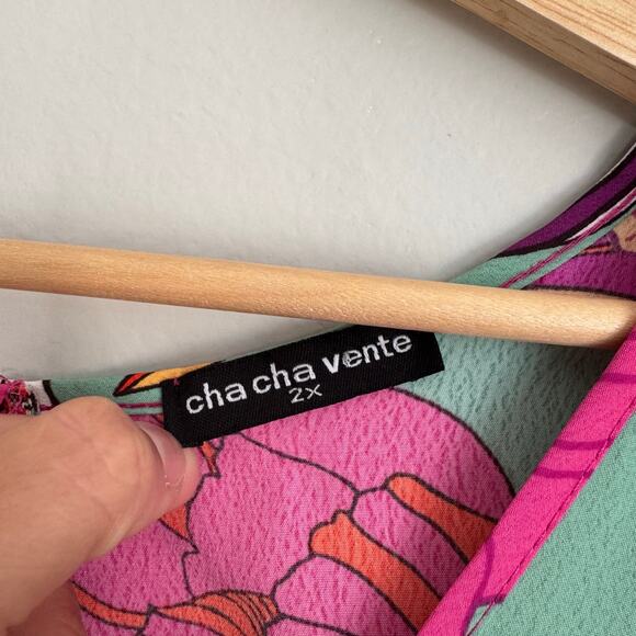 Cha Cha Vente Top Size 2X Floral Dolman Sleeve Tropical Artsy Vacation Flowy - Picture 2 of 10